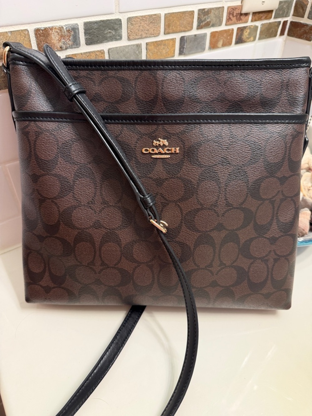 Coach Brown Signature Crossbody with Black Strap